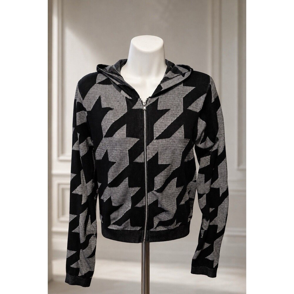 AQ Sport Girls Size L Black Gray Houndstooth Full Zip Hooded Jacket